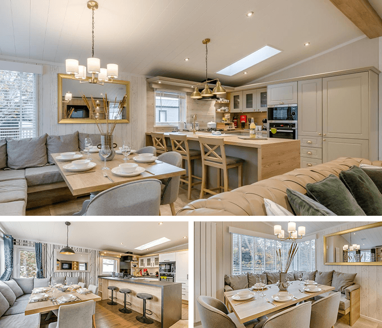 Photograph collage showcasing a collection of holiday lodges with modern open-plan kitchen and dining areas.